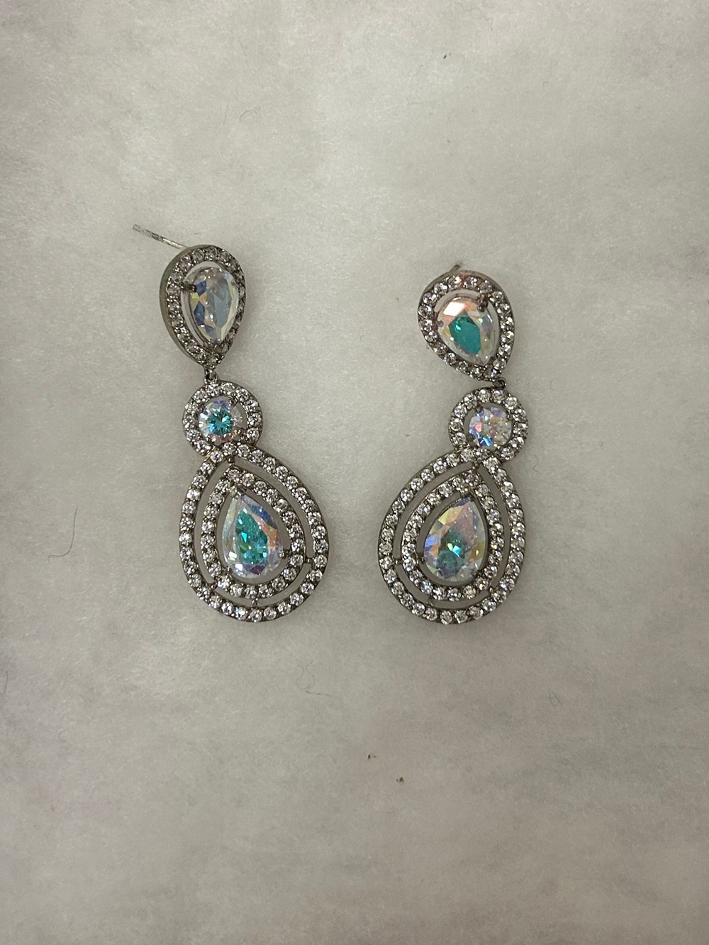 Crystal Teardrop Dangle Earrings - Silver with Aurora Borealis Stones
